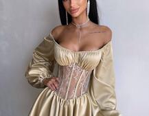 Атласна сукня з обʼємними рукавами та мереживом Атласна сукня з обʼємними рукавами та мереживом | PUSHKA SHOP