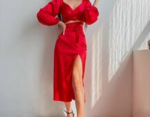 Шелковый комплект: топ с завязками на талии + юбка миди с разрезом  | PUSHKA SHOP