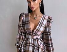 Сукня з подвійною спідницею та обʼємними рукавами у клітинку  Сукня з подвійною спідницею та обʼємними рукавами у клітинку  | PUSHKA SHOP