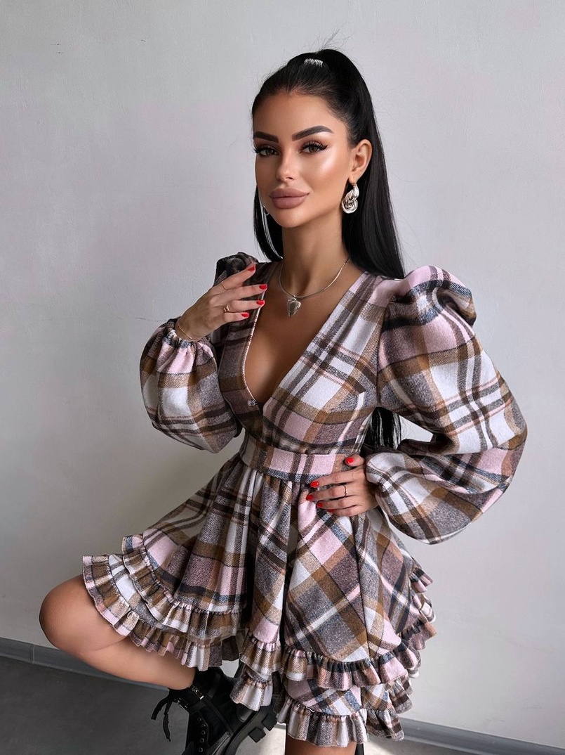Сукня з подвійною спідницею та обʼємними рукавами у клітинку  Сукня з подвійною спідницею та обʼємними рукавами у клітинку  | PUSHKA SHOP