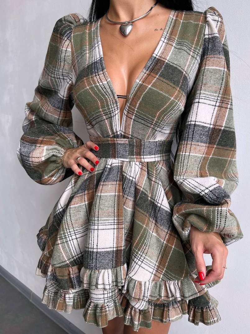 Сукня з подвійною спідницею та обʼємними рукавами у клітинку  Сукня з подвійною спідницею та обʼємними рукавами у клітинку  | PUSHKA SHOP