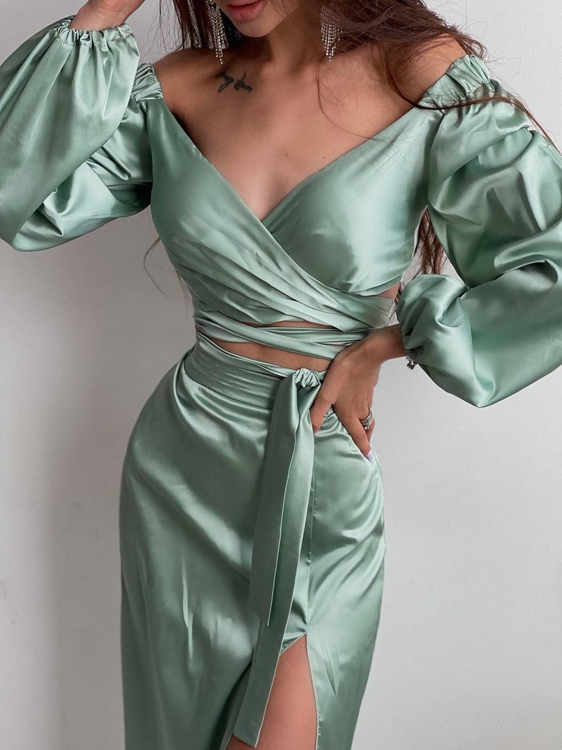 Шелковый комплект: топ с завязками на талии + юбка миди с разрезом  | PUSHKA SHOP