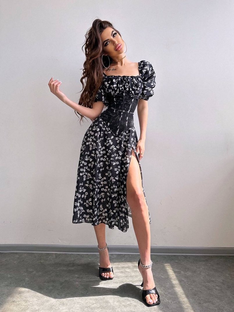 Сукня міді з розрізом в квітковий принт + прозорий корсет  | PUSHKA SHOP