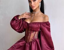 Атласна сукня з обʼємними рукавами та мереживом Атласна сукня з обʼємними рукавами та мереживом | PUSHKA SHOP