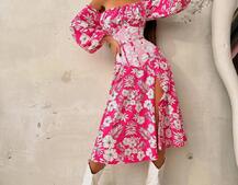 Сукня міді з розрізом в квітковий принт + прозорий корсет  | PUSHKA SHOP