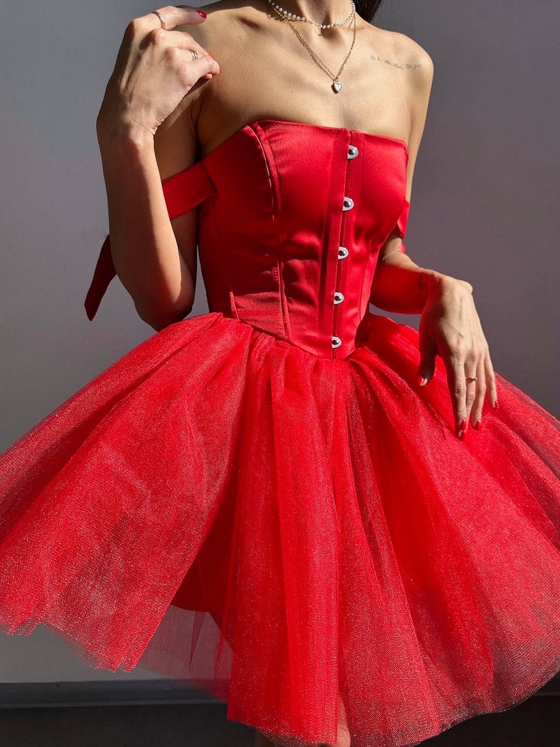 Атласна корсетна сукня міні з гачками та пишною фатиновою спідницею  Атласна корсетна сукня міні з гачками та пишною фатиновою спідницею  | PUSHKA SHOP