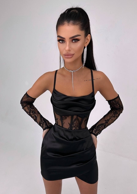 Комплект: корсет, декорований мереживом   + рукавички+ спідниця міні з драпіруванням   | PUSHKA SHOP