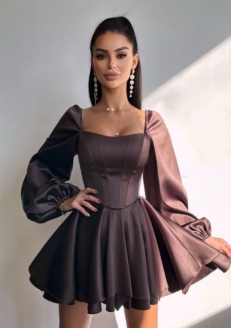 Атласна корсетна сукня з пишною подвійною спідницею та об‘ємними рукавами | PUSHKA SHOP