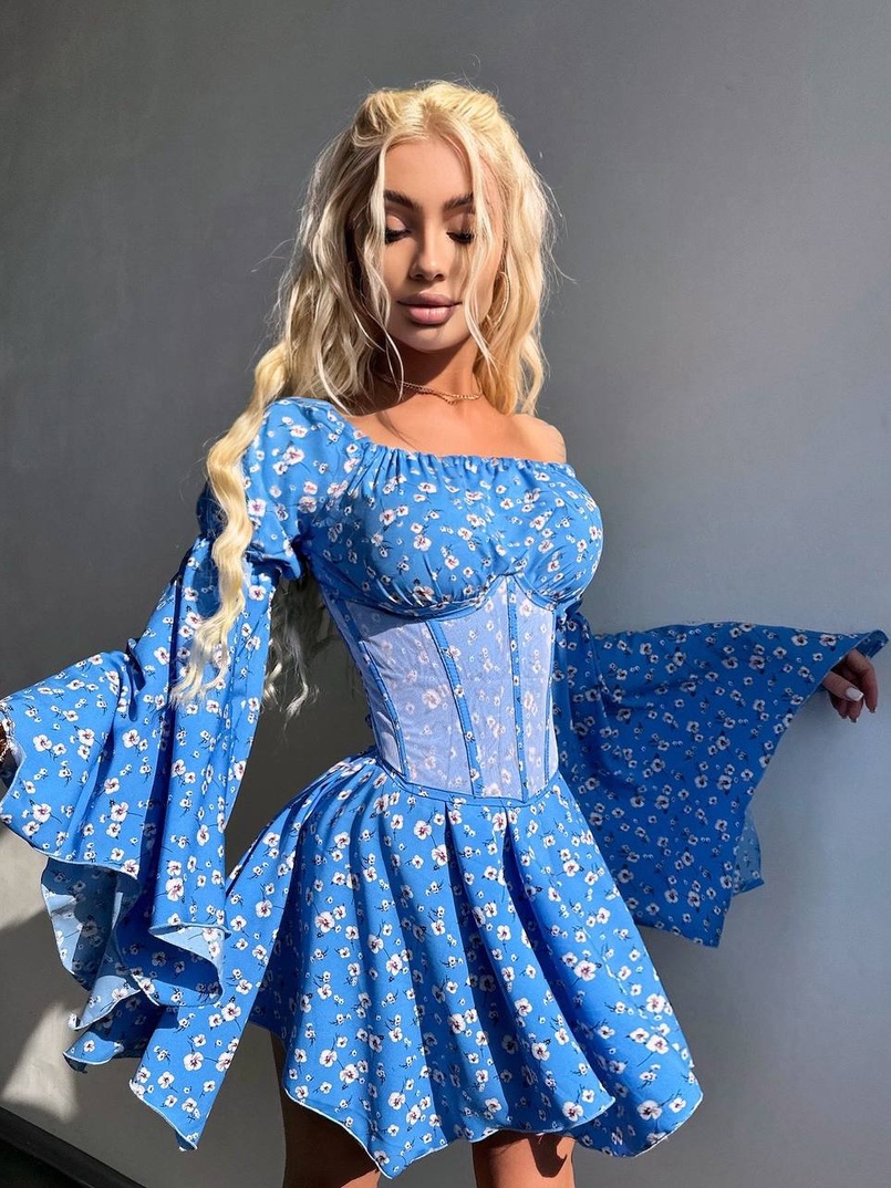 Сукня з асиметричною спідницею та розкльошеними рукавами + корсет  | PUSHKA SHOP