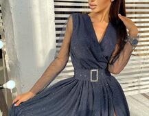 Блискуча сукня-міді із запахом на грудях і розрізом на спідниці з широким поясом  Блискуча сукня-міді із запахом на грудях і розрізом на спідниці з широким поясом  | PUSHKA SHOP