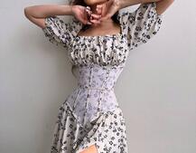 Сукня міді з розрізом в квітковий принт + прозорий корсет  | PUSHKA SHOP