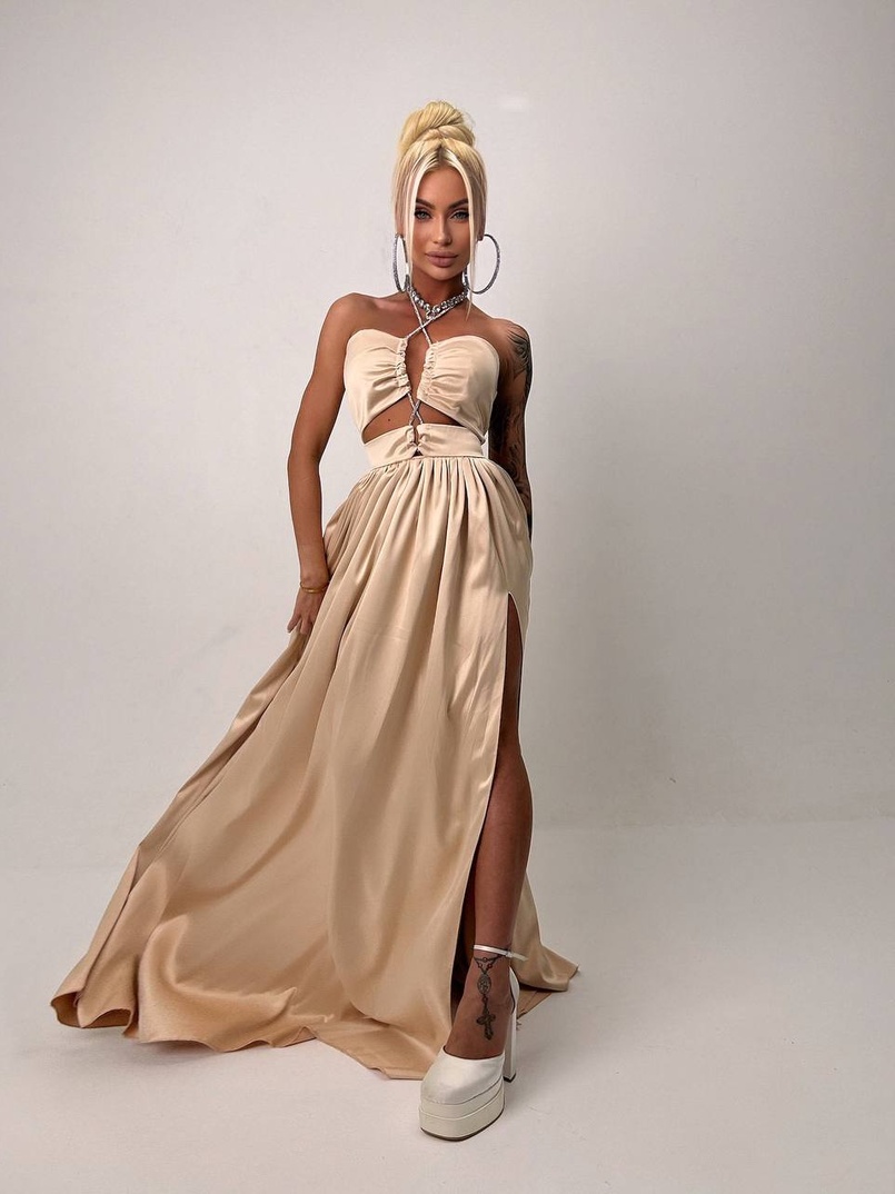 Атласна сукня максі із шнуром зі стразами  Атласна сукня максі із шнуром зі стразами  | PUSHKA SHOP
