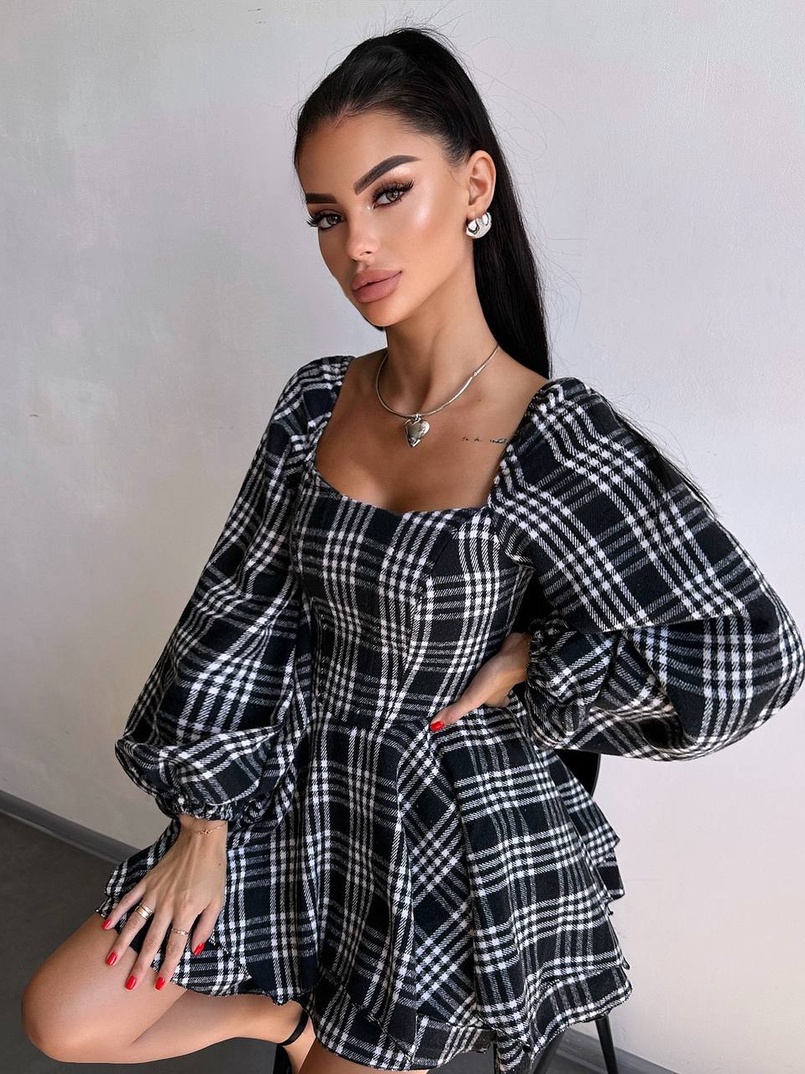 Корсетна сукня з подвійною спідницею та обʼємними рукавами у клітинку  Корсетна сукня з подвійною спідницею та обʼємними рукавами у клітинку  | PUSHKA SHOP