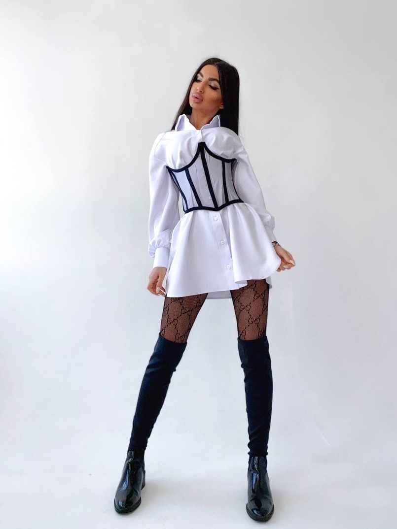 Комплект: платье-рубашка с прозрачным бельевым корсетом на шнуровке  Комплект: платье-рубашка с прозрачным бельевым корсетом на шнуровке  | PUSHKA SHOP