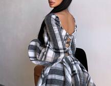 Корсетна сукня з подвійною спідницею та обʼємними рукавами у клітинку  Корсетна сукня з подвійною спідницею та обʼємними рукавами у клітинку  | PUSHKA SHOP