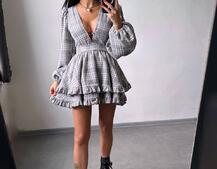 Сукня з подвійною спідницею та обʼємними рукавами у клітинку  Сукня з подвійною спідницею та обʼємними рукавами у клітинку  | PUSHKA SHOP