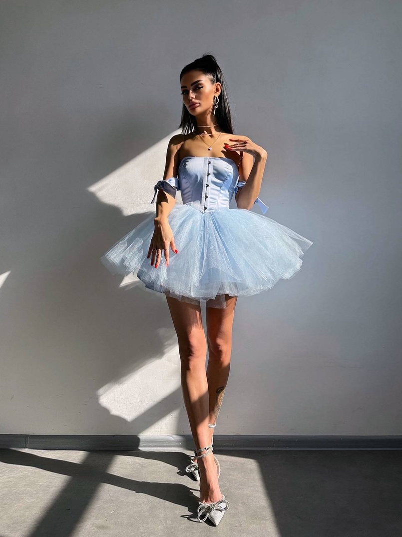 Атласна корсетна сукня міні з гачками та пишною фатиновою спідницею  Атласна корсетна сукня міні з гачками та пишною фатиновою спідницею  | PUSHKA SHOP