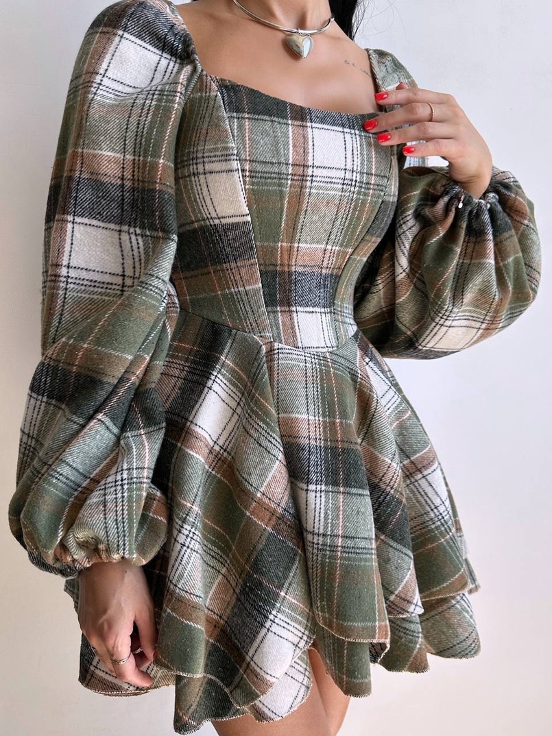 Корсетна сукня з подвійною спідницею та обʼємними рукавами у клітинку  Корсетна сукня з подвійною спідницею та обʼємними рукавами у клітинку  | PUSHKA SHOP