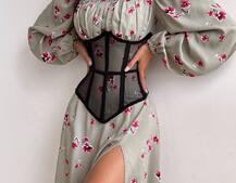 Сукня міді з розрізом в квітковий принт + прозорий корсет  | PUSHKA SHOP