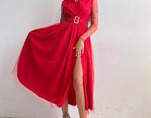 Блискуча сукня-міді із запахом на грудях і розрізом на спідниці з широким поясом  Блискуча сукня-міді із запахом на грудях і розрізом на спідниці з широким поясом  | PUSHKA SHOP