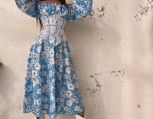 Сукня міді з розрізом в квітковий принт + прозорий корсет  Сукня міді з розрізом в квітковий принт + прозорий корсет  | PUSHKA SHOP