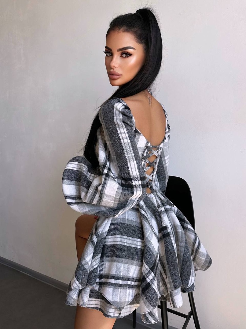 Корсетна сукня з подвійною спідницею та обʼємними рукавами у клітинку  Корсетна сукня з подвійною спідницею та обʼємними рукавами у клітинку  | PUSHKA SHOP