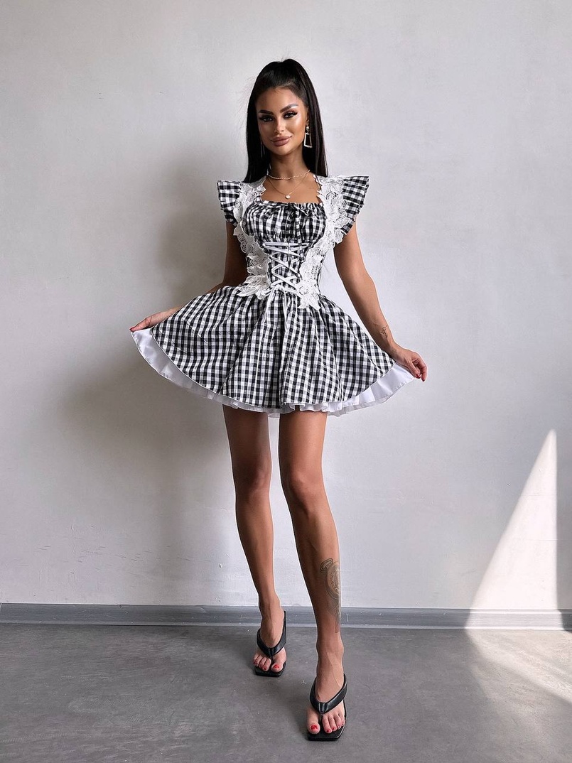 Сукня в клітинку декорована мереживом  Сукня в клітинку декорована мереживом  | PUSHKA SHOP