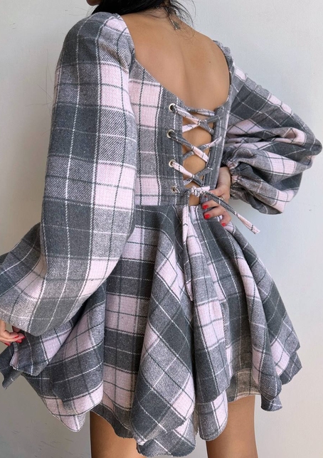 Корсетна сукня з подвійною спідницею та обʼємними рукавами у клітинку  | PUSHKA SHOP