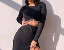 Комплект: спідниця з розрізом + топ, декорований бахромой зі страз | PUSHKA SHOP