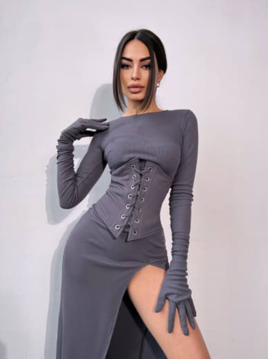 Комплект: трикотажне плаття- міді + корсет + рукавички Комплект: трикотажне плаття- міді + корсет + рукавички | PUSHKA SHOP