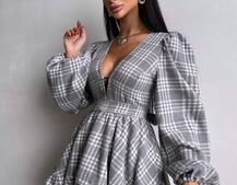 Сукня з подвійною спідницею та обʼємними рукавами у клітинку  Сукня з подвійною спідницею та обʼємними рукавами у клітинку  | PUSHKA SHOP