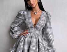 Сукня з подвійною спідницею та обʼємними рукавами у клітинку  Сукня з подвійною спідницею та обʼємними рукавами у клітинку  | PUSHKA SHOP