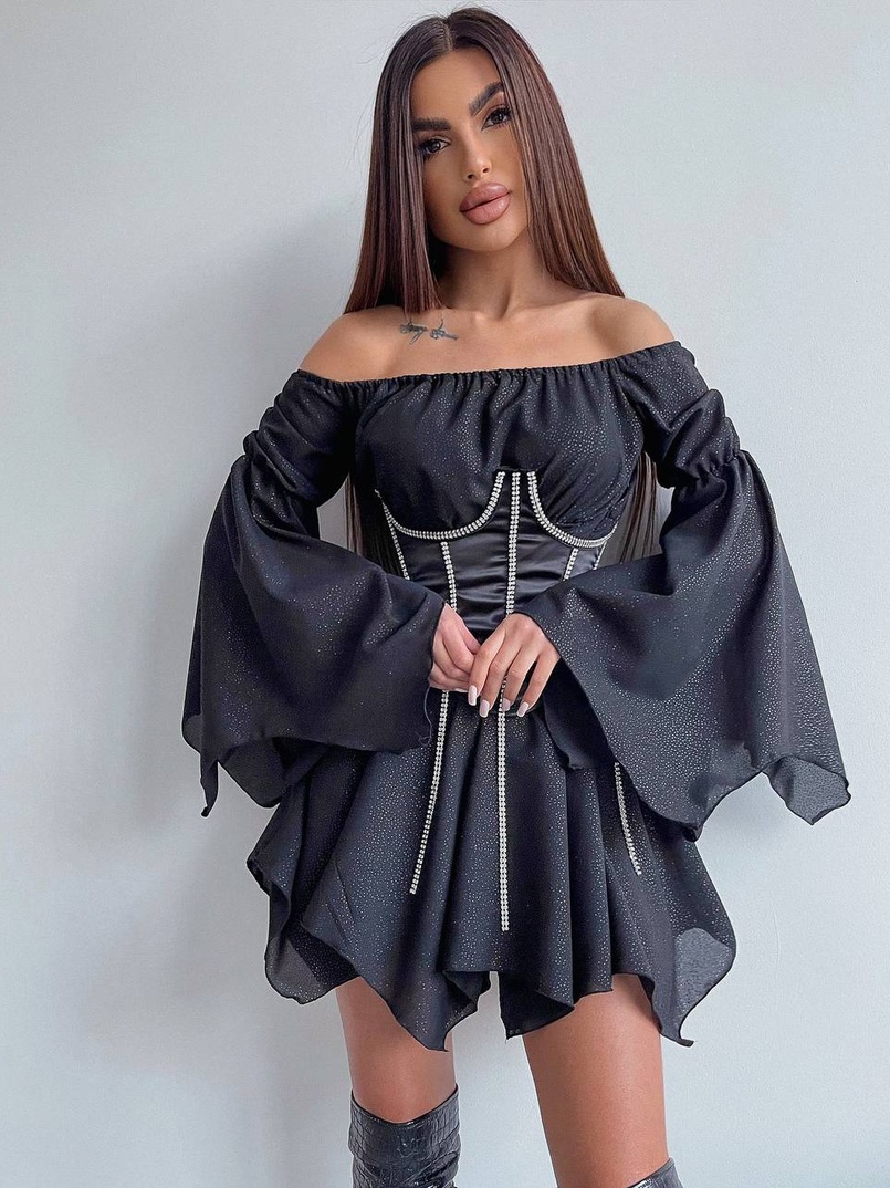 Шифонова сукня на підкладці з розкльошеними рукавами з асиметричною спідницею + корсет декорований стразами Ручна робота! Шифонова сукня на підкладці з розкльошеними рукавами з асиметричною спідницею + корсет декорований стразами Ручна робота! | PUSHKA SHOP