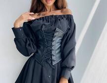 Приталена сукня-сорочка на плічках з корсетом з еко-шкіри | PUSHKA SHOP