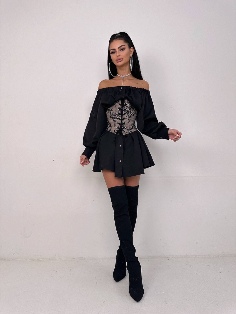 Приталена сорочка на плічках+  мереживний корсет Приталена сорочка на плічках+  мереживний корсет | PUSHKA SHOP