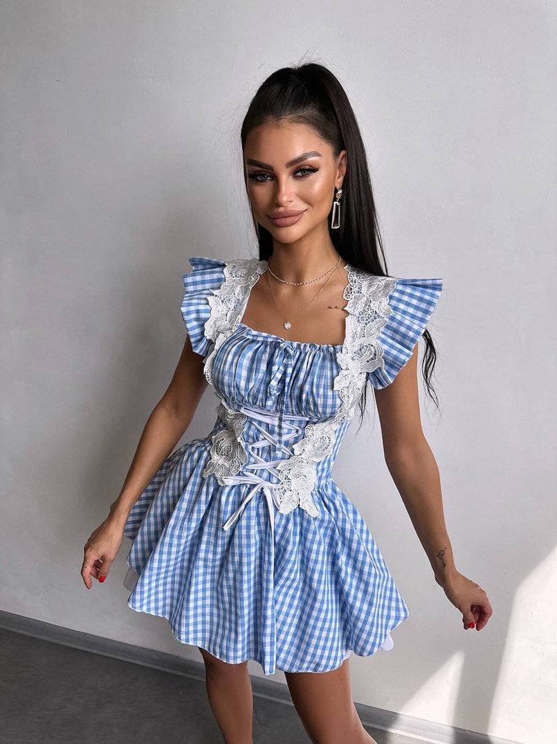 Сукня в клітинку декорована мереживом  Сукня в клітинку декорована мереживом  | PUSHKA SHOP