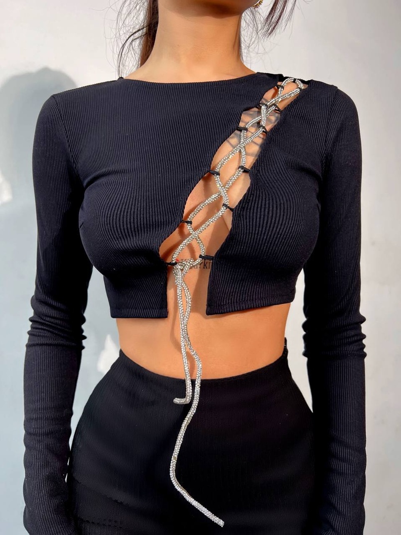 Комплект : штани кльош і топ декорований шнурком зі стразами  Комплект : штани кльош і топ декорований шнурком зі стразами  | PUSHKA SHOP