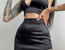 Комплект: топ с чашечками + юбка, декорированным бахромой из страз  | PUSHKA SHOP