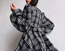 Сукня з подвійною спідницею та обʼємними рукавами у клітинку  Сукня з подвійною спідницею та обʼємними рукавами у клітинку  | PUSHKA SHOP