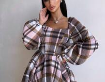 Корсетна сукня з подвійною спідницею та обʼємними рукавами у клітинку  Корсетна сукня з подвійною спідницею та обʼємними рукавами у клітинку  | PUSHKA SHOP