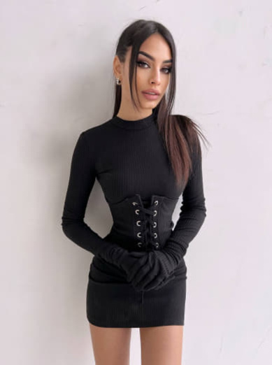 Комплект: трикотажне плаття-міні + корсет + рукавички Комплект: трикотажне плаття-міні + корсет + рукавички | PUSHKA SHOP