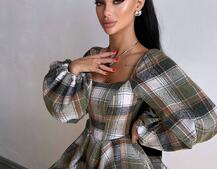 Корсетна сукня з подвійною спідницею та обʼємними рукавами у клітинку  Корсетна сукня з подвійною спідницею та обʼємними рукавами у клітинку  | PUSHKA SHOP