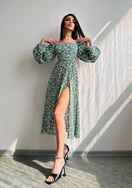 Квіткова сукня-міді зі шнурівкою на спинці та розрізом на ніжці | PUSHKA SHOP