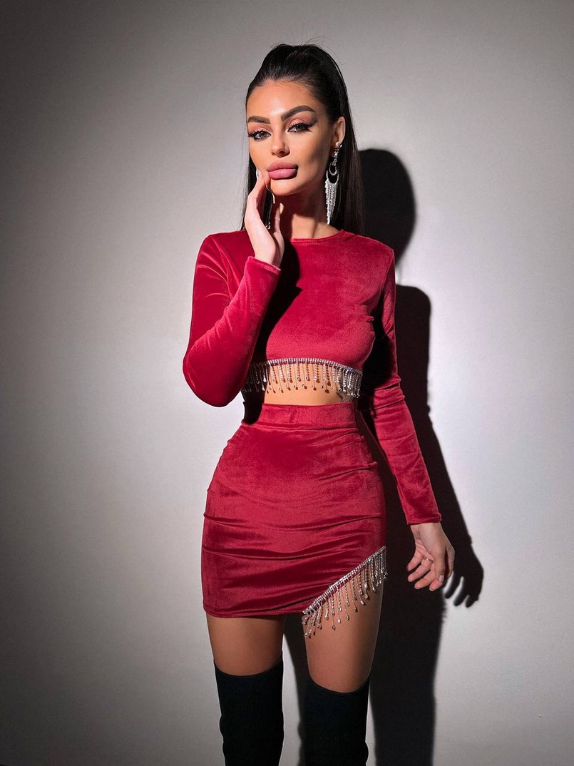 Оксамитовий комплект, декорований бахромою зі страз Оксамитовий комплект, декорований бахромою зі страз | PUSHKA SHOP