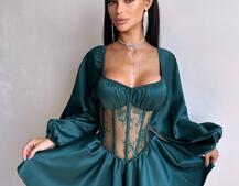 Атласна сукня з обʼємними рукавами та мереживом | PUSHKA SHOP