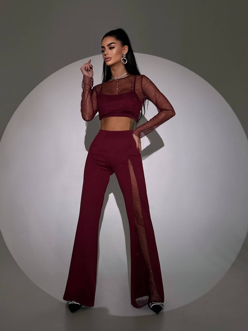 Комплект: топ + штани із сіткою зі стразами  Комплект: топ + штани із сіткою зі стразами  | PUSHKA SHOP