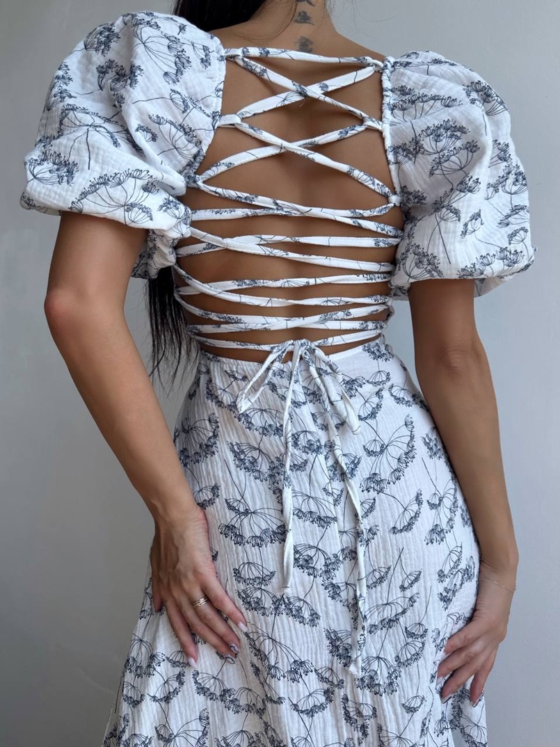 Сукня -міді зі шнурівкою на спинці та розрізом на ніжці з принтом  | PUSHKA SHOP