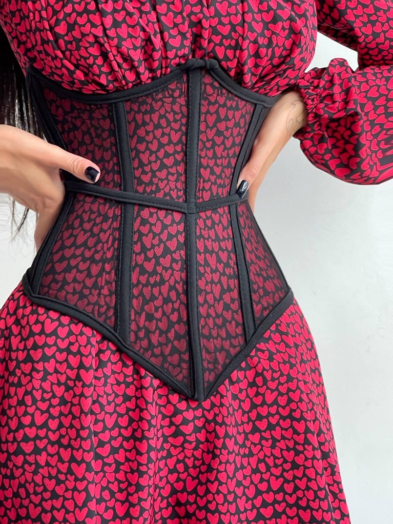 Приталена сукня з принтом  + прозорий корсет Приталена сукня з принтом  + прозорий корсет | PUSHKA SHOP