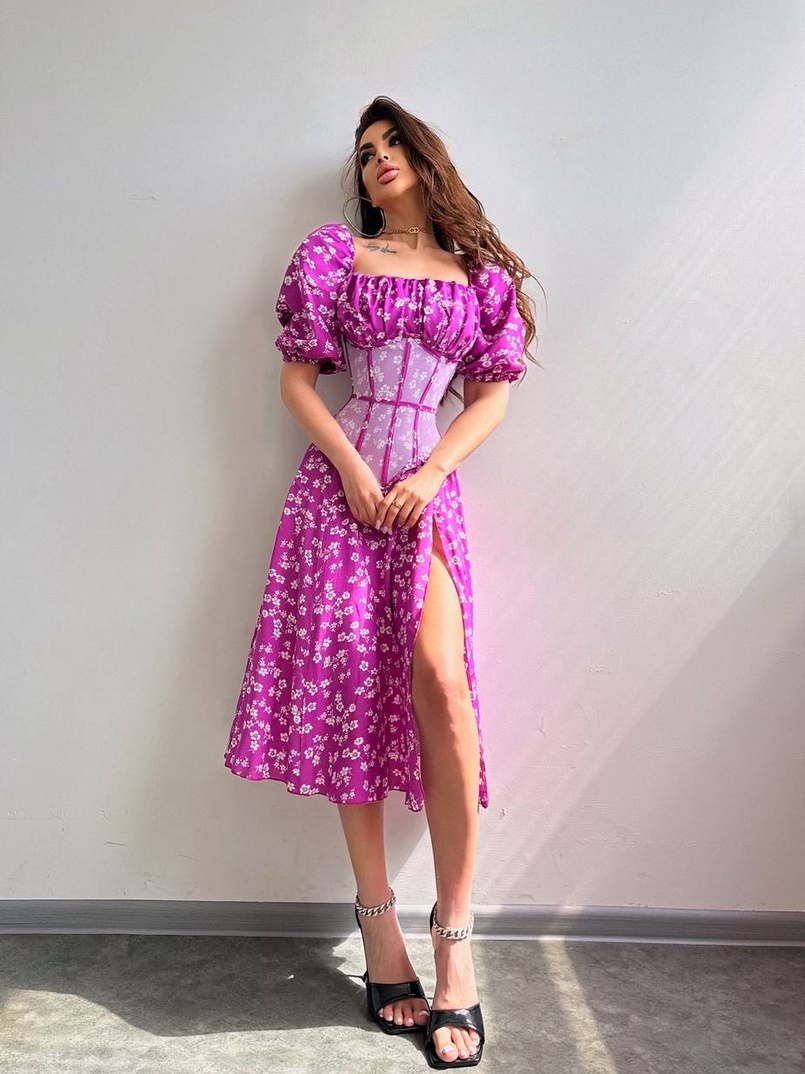 Сукня міді з розрізом в квітковий принт + прозорий корсет  Сукня міді з розрізом в квітковий принт + прозорий корсет  | PUSHKA SHOP