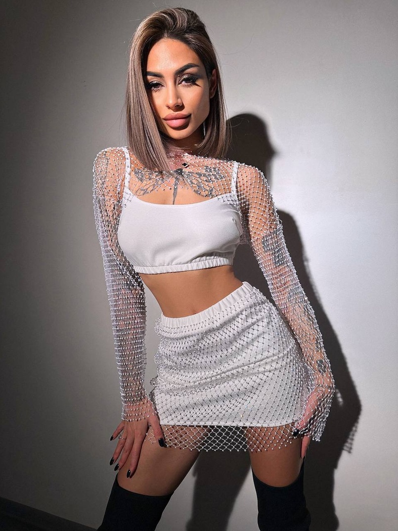 Комплект: топ + спідниця із сіткою зі стразами  Комплект: топ + спідниця із сіткою зі стразами  | PUSHKA SHOP
